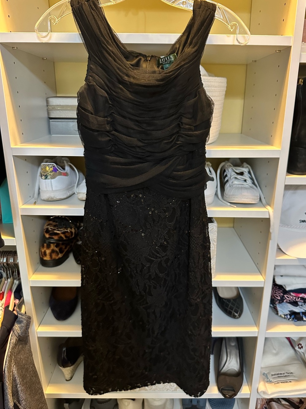 Ralph Lauren Black Sleeveless Ruched Lace Evening Dress